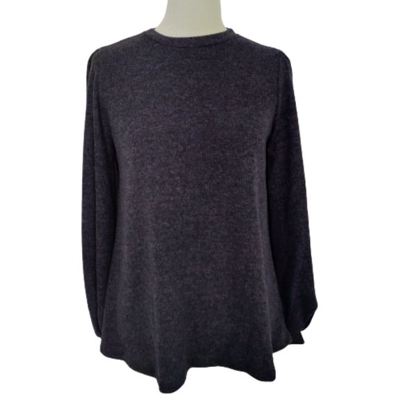 Riah Fashion Navy Blue Knit Ribbed Top Puff Sleeves Relaxed Fit NEW - Picture 2 of 9